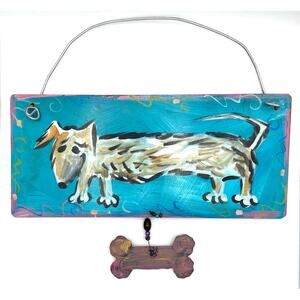 Dachshund Dog Folk Art Painting on Board with Dangling Metal Bone Charm